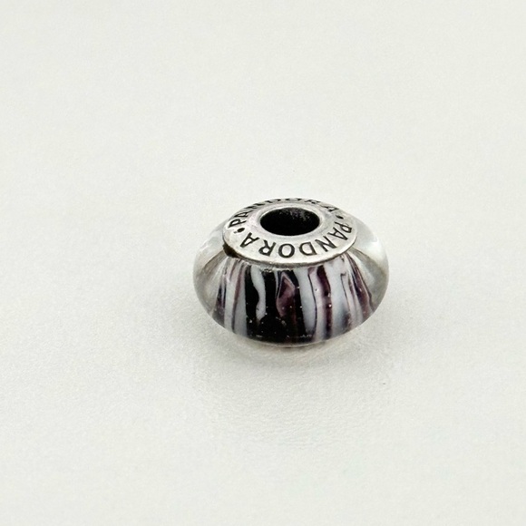 Pandora Dark Purple & White Zebra Stripes Rare Retired Murano Glass Charm - Picture 1 of 5